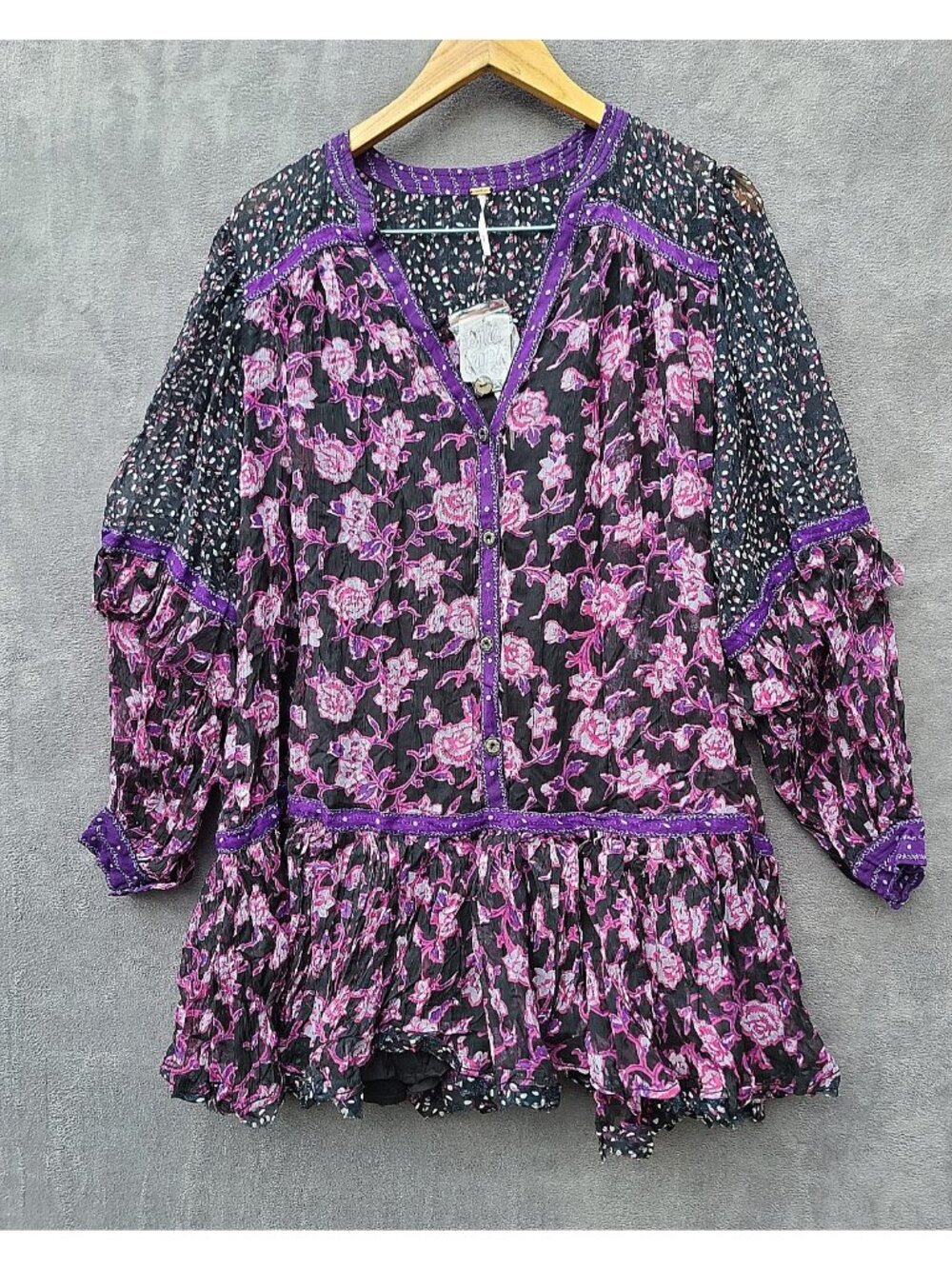 Free People Rosebud Print Mix Mini Dress XS Purple Black Peasant Boho Gypsy NWT